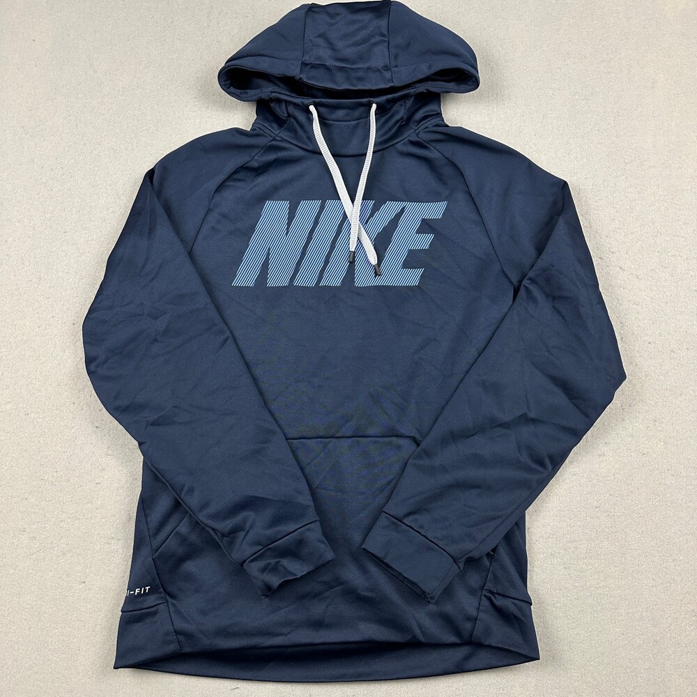 Nike Hoodie  Men Small Blue Block Logo Pullover Pockets Dri Fit Drawstring S